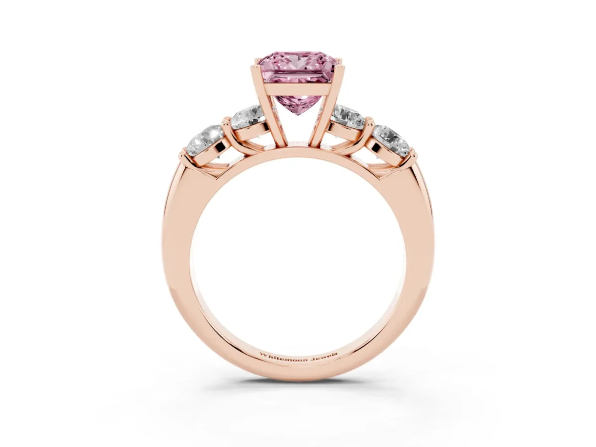 Fancy Pink Princess Cut Cut Five-Stone Prong Set Diamond Ring with Classic Band Rose gold