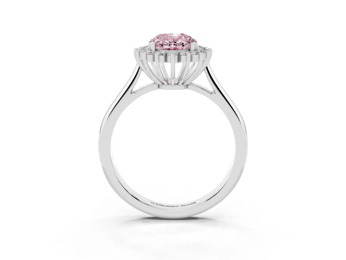 Fancy Pink Oval Cut Cut Diamond Halo Ring with Solitaire Band and Prong Setting Silver