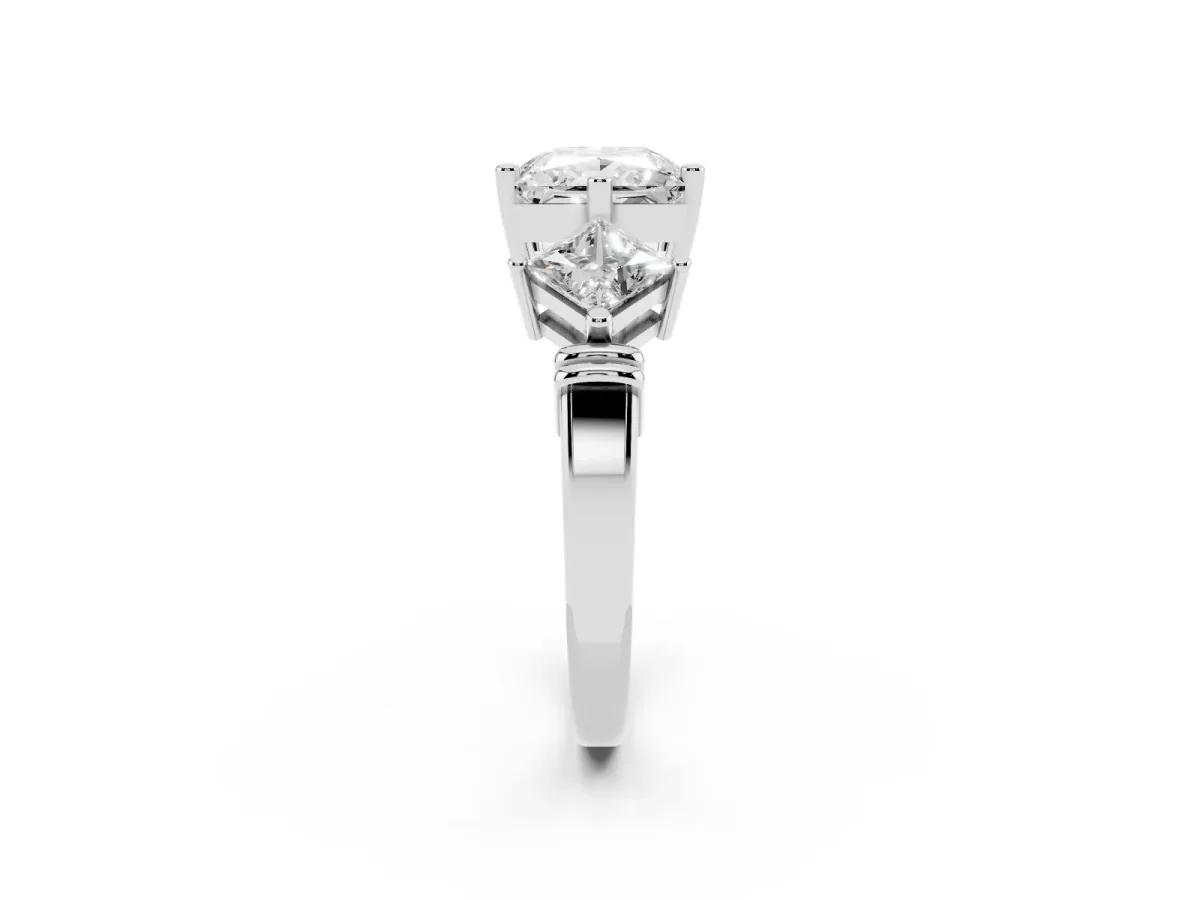 Three-Stone Princess Cut and Princess Cut Diamond Ring with Channel Band and Four-Prong Setting Platinum