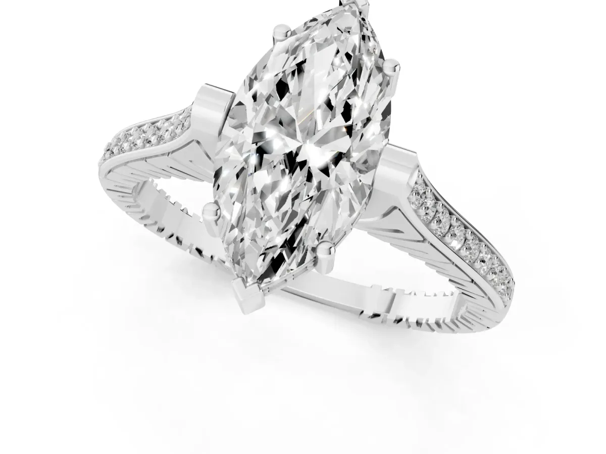 Marquise Cut Solitaire Diamond Ring with Channel Set Band and Bezel Prong Setting Platinum