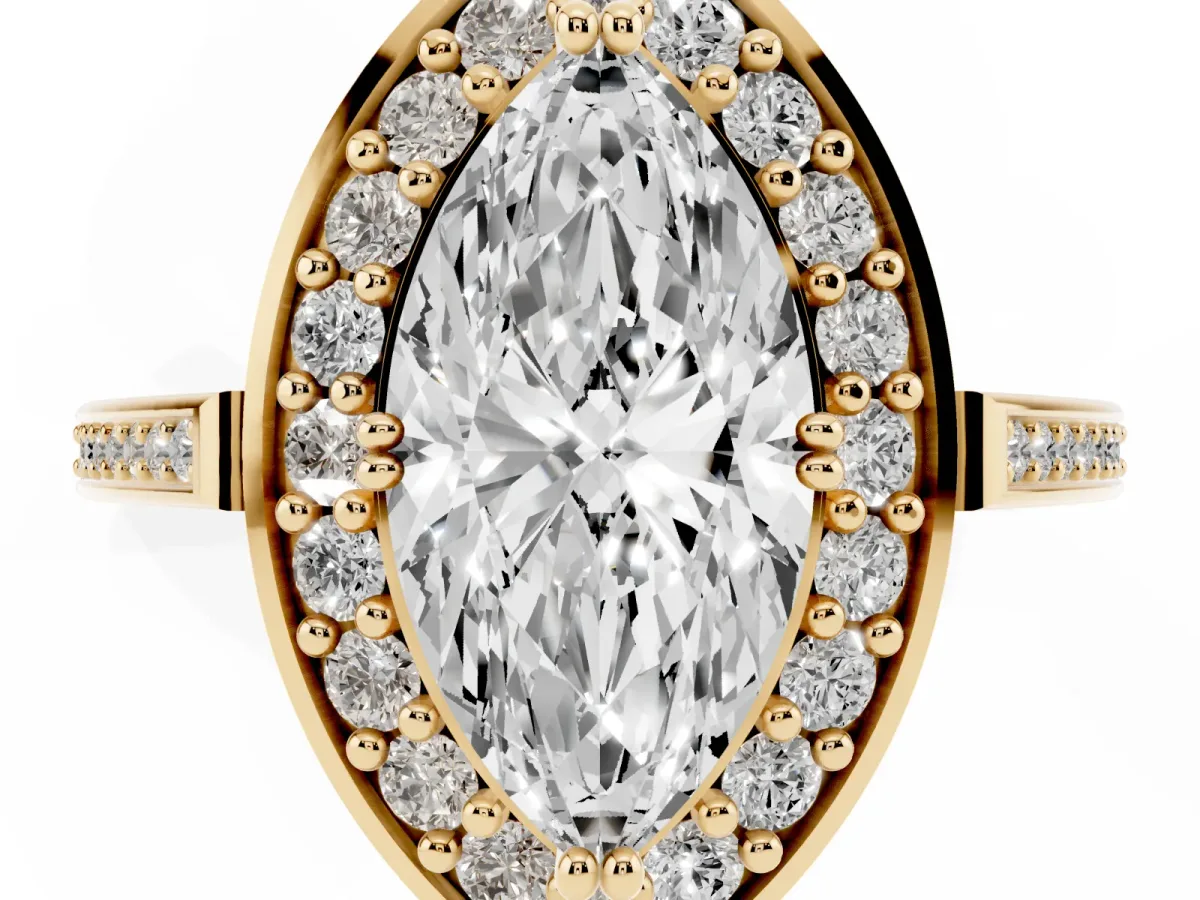 Marquise Cut Diamond Halo Ring with Split Shank and Four-Prong Setting Yellow gold