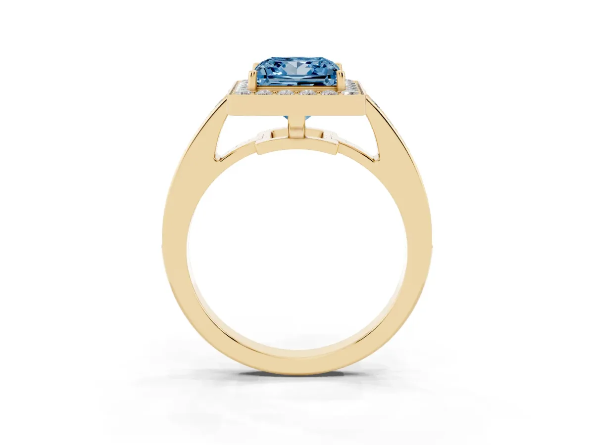 Fancy Blue Princess Cut Halo Pavé Diamond Engagement Ring with Bezel Setting Yellow gold