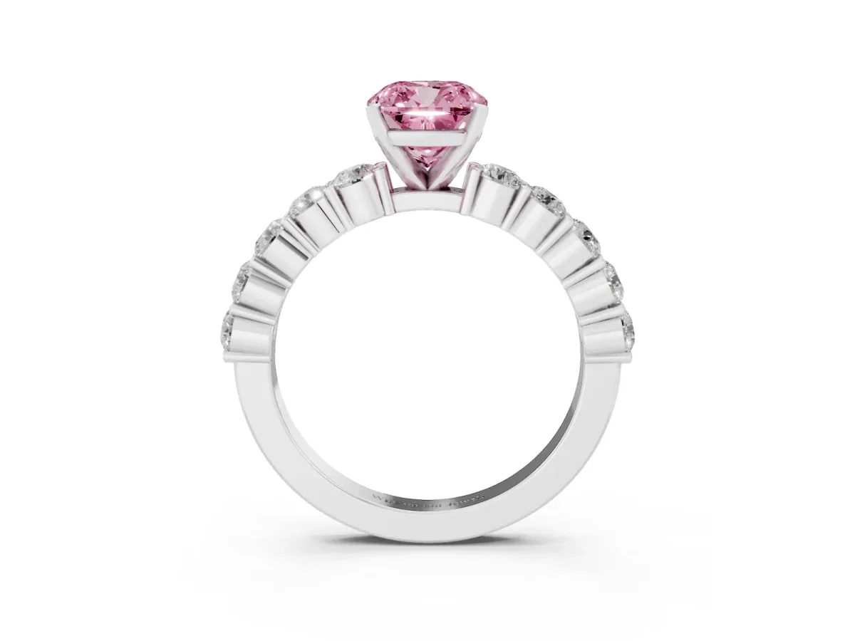 Fancy Pink Cushion Cut Diamond Solitaire Ring with Shared Prong Round Side Stones Silver