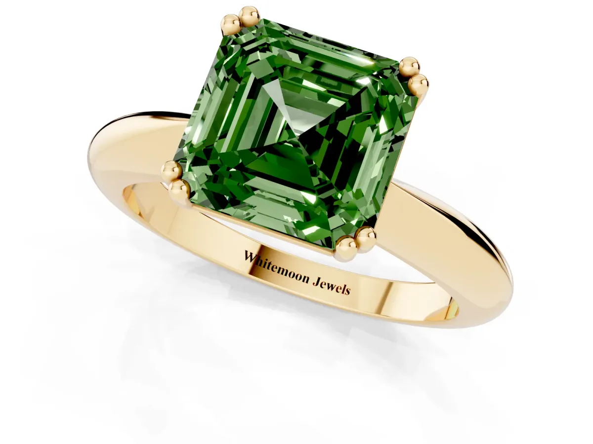 Fancy Green Asscher Cut Cut Solitaire Engagement Ring with Tapered Band and Four-Prong Setting Yellow gold