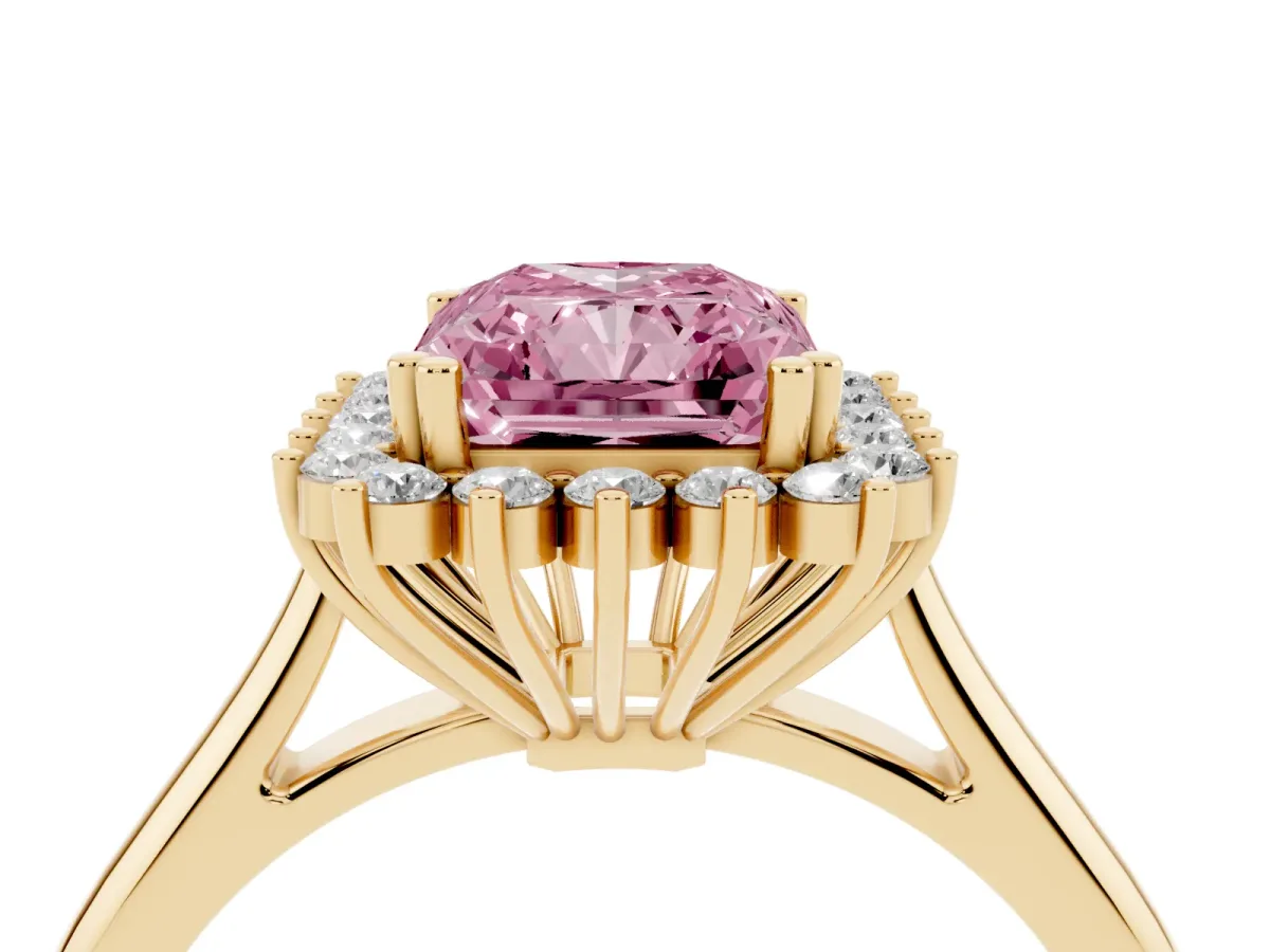 Fancy Pink Radiant Cut Cut Diamond Halo Ring with Solitaire Band and Prong Setting Yellow gold