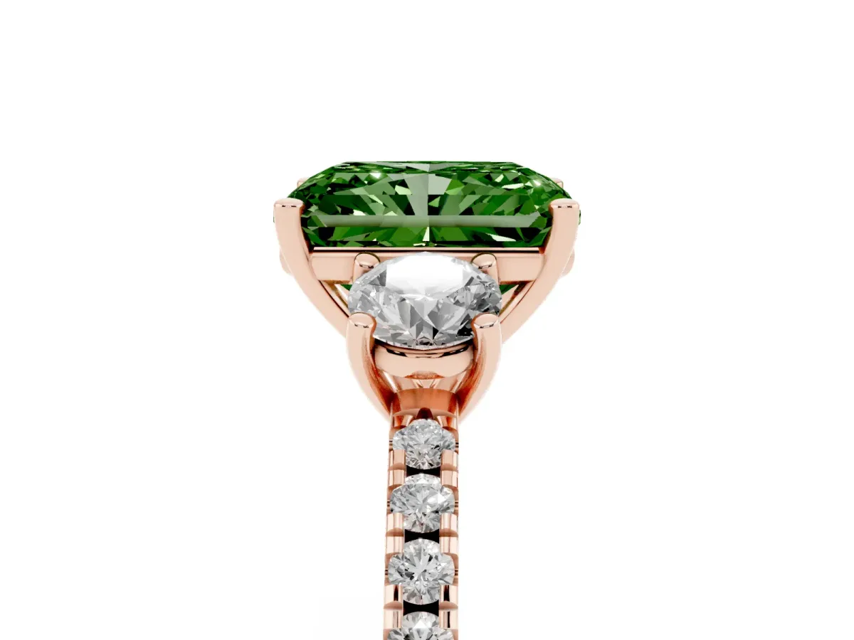 Fancy Green Three-Stone Radiant Cut Cut Diamond Pavé Band with Prong Setting Rose gold