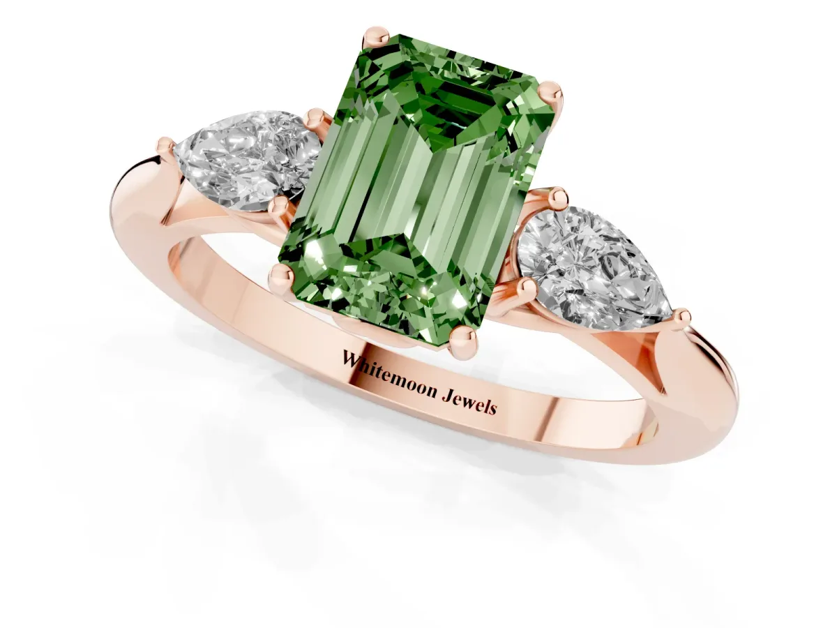 Fancy Green Emerald Cut Diamond Three-Stone Ring with Pear Side Stones and Prong Setting Rose gold