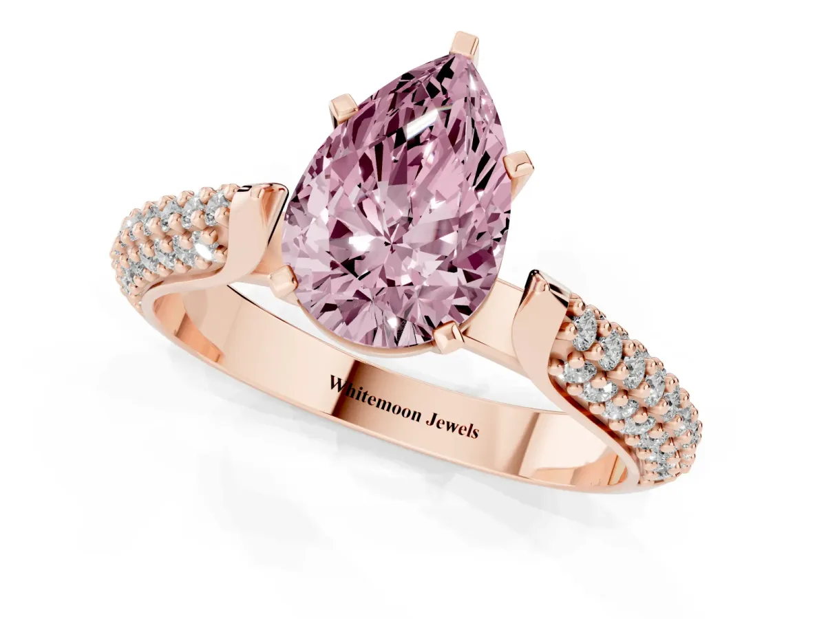 Fancy Pink Pear Cut Diamond Solitaire Engagement Ring with Multi-Row Round Pavé Band and Prong Setting Rose gold