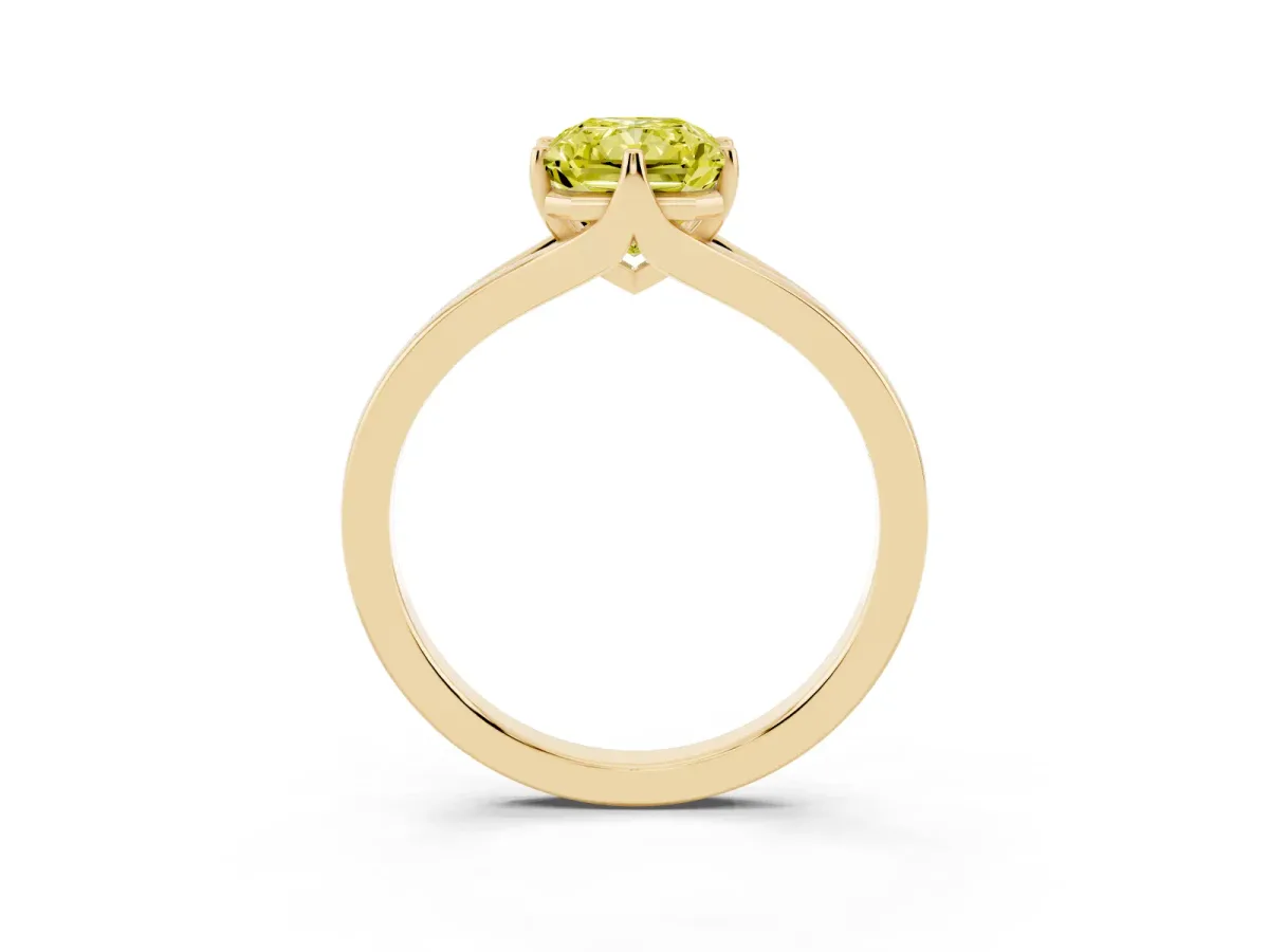Fancy Yellow Radiant Cut Solitaire Diamond Ring with Six-Prong Setting and Tapered Band Yellow gold