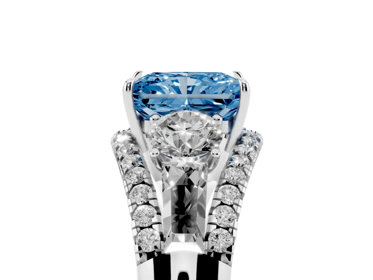 Fancy Blue Three-Stone Radiant Cut Diamond Engagement Ring with Pave Band and Prong Setting Silver