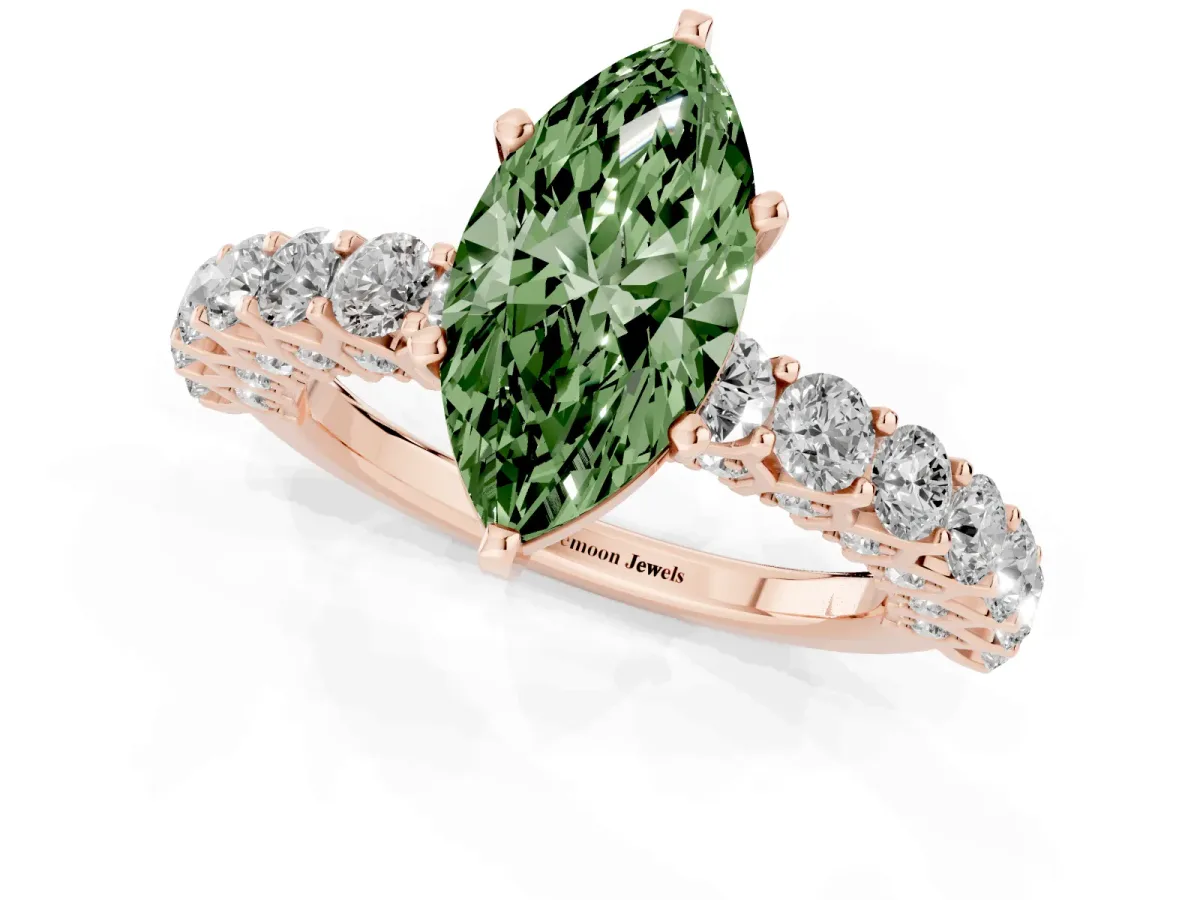 Fancy Green Marquise Cut Diamond Solitaire Ring with Shared Prong Pavé Band and Four-Prong Setting Rose gold