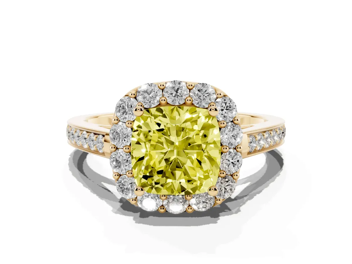 Fancy Yellow Cushion Cut Diamond Floral Halo Ring with Pavé Band and Prong Setting Yellow gold