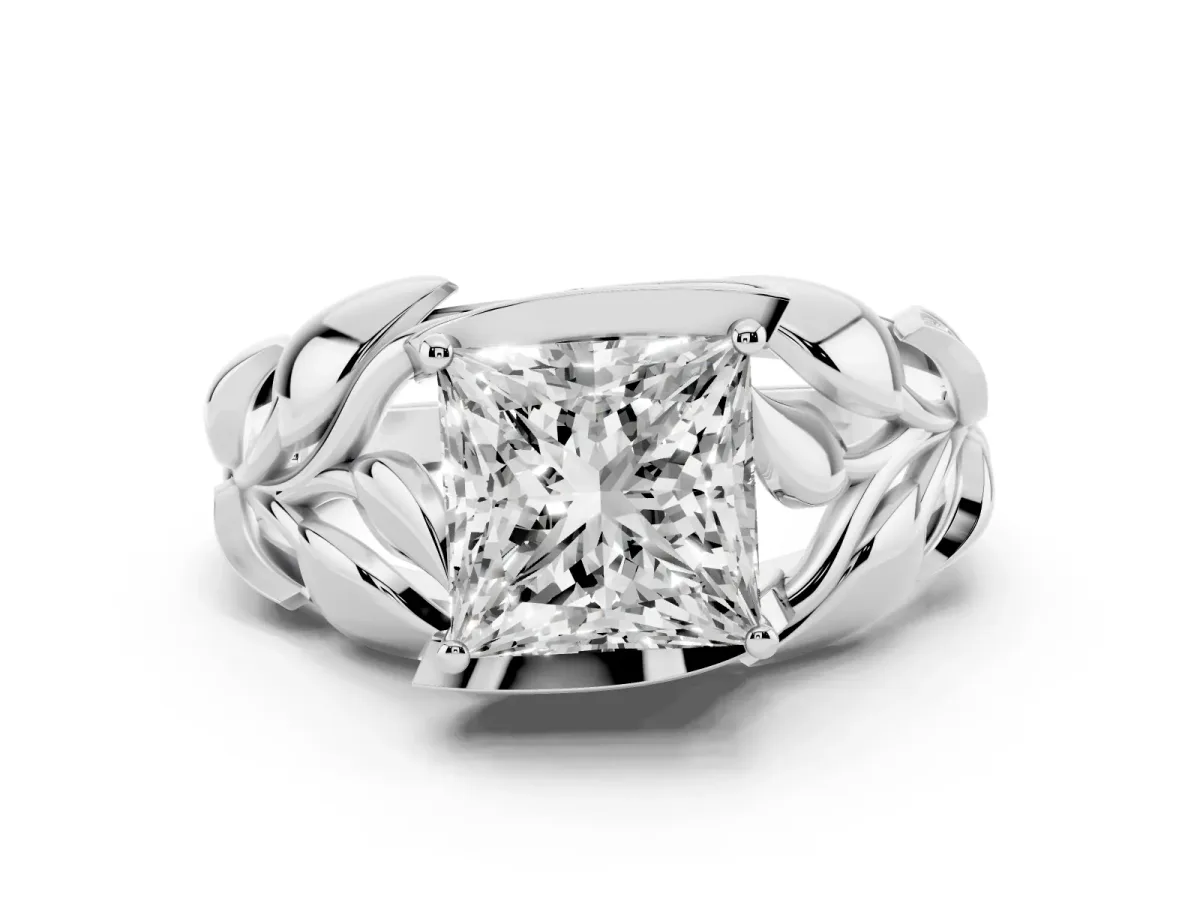 Princess Cut Diamond Leaf-Inspired Engagement Ring with Round Accents and Prong Setting Silver