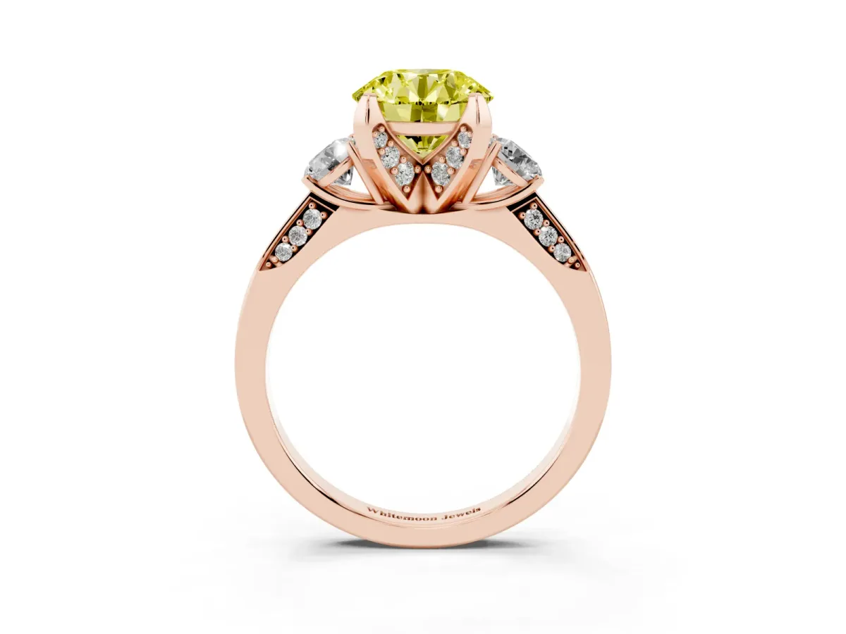 Fancy Yellow Round Cut Brilliant Three-Stone Diamond Ring with Pavé Band and Four-Prong Setting Rose gold
