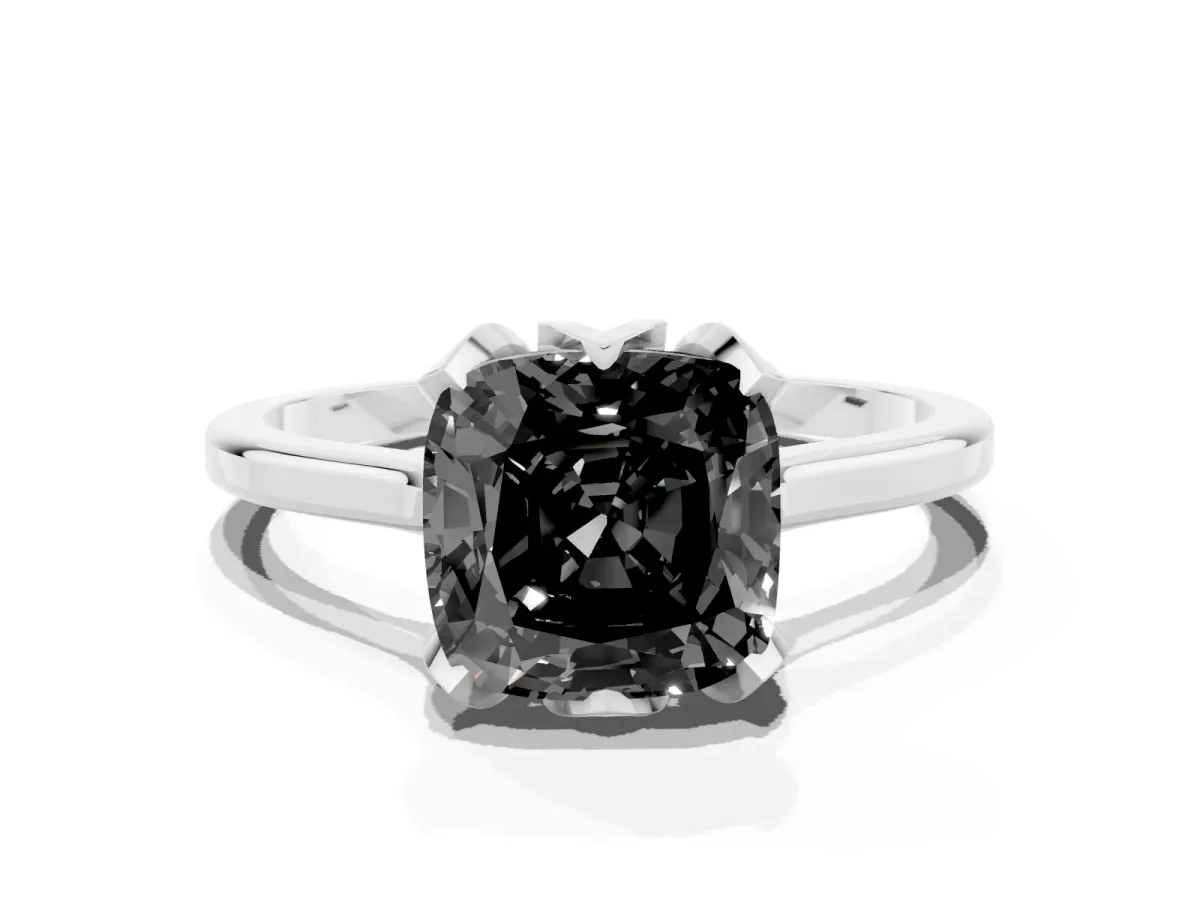 Fancy Black Cushion Cut Diamond Solitaire Ring with Flower Prong Setting and Classic Band Silver