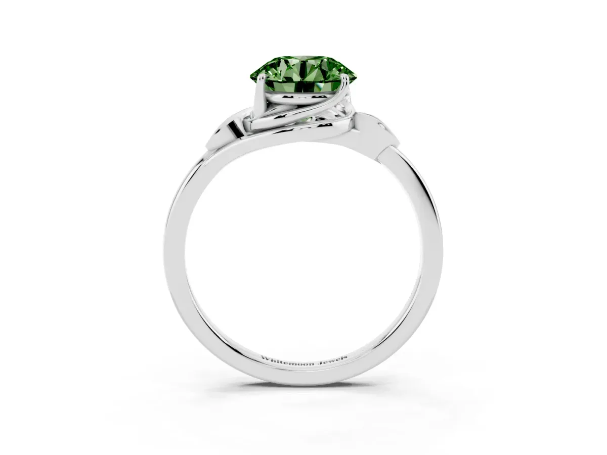 Fancy Green Round Cut Diamond Solitaire Ring with Twist Band and Four-Prong Setting Silver