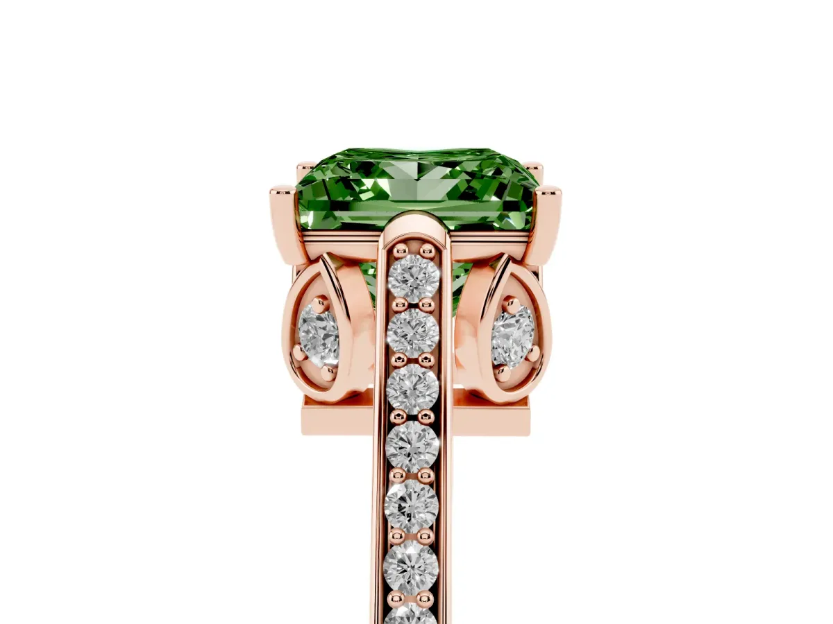 Fancy Green Princess Cut Cut Cathedral Pave Diamond Engagement Ring with Six-Prong Setting Rose gold