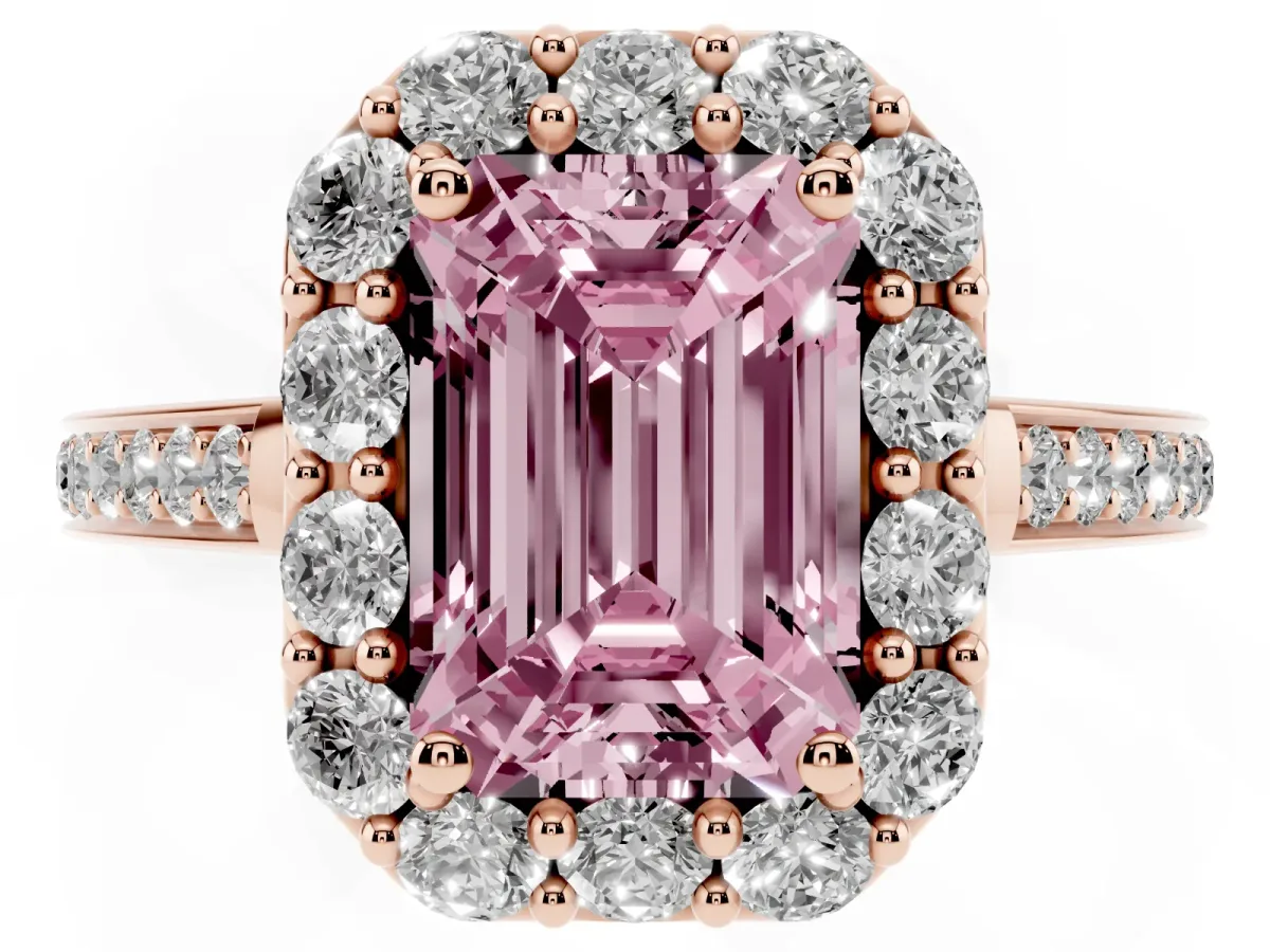Fancy Pink Emerald Cut Diamond Floral Halo Ring with Pavé Band and Prong Setting Rose gold