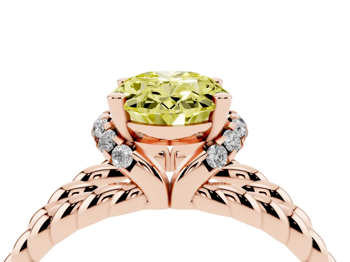 Fancy Yellow Oval Cut Halo Twisted Band Four-Prong Ring Rose gold