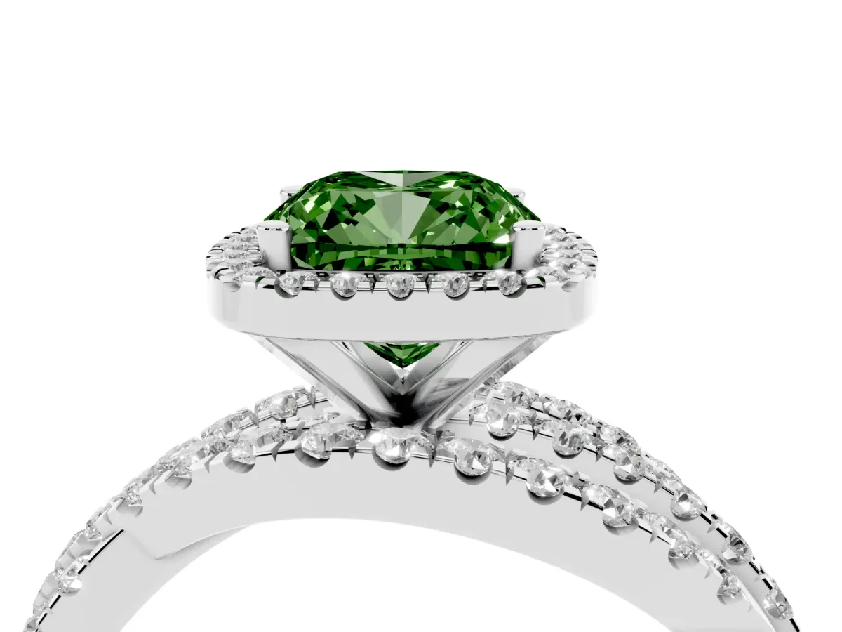 Fancy Green Cushion Cut Diamond Halo Ring with Round Split Shank and Prong Setting Silver