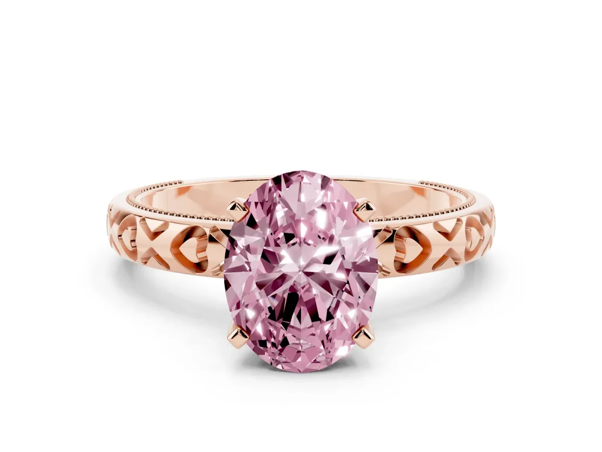 Fancy Pink Oval Cut Solitaire Diamond Engagement Ring with XO Engraved Band and Four-Prong Setting Rose gold