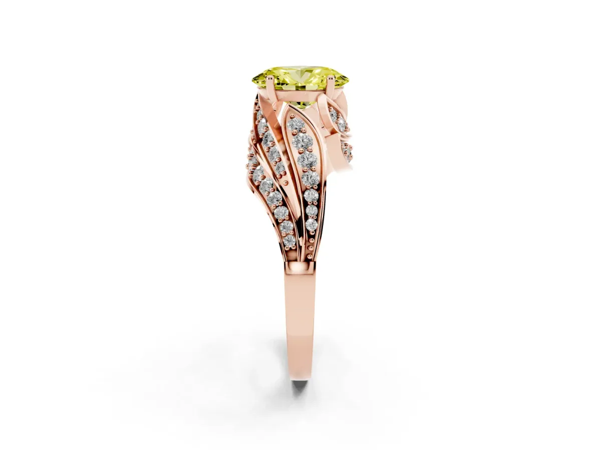 Fancy Yellow Oval Cut Diamond Solitaire Ring with Prong Setting and Twisted Pavé Band Rose gold