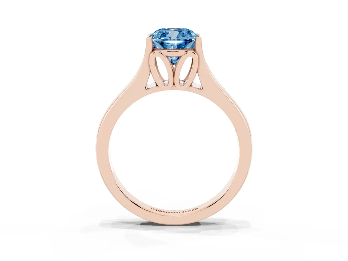 Fancy Blue Cushion Cut Solitaire Diamond Ring with Cathedral Band and Four-Prong Setting Rose gold
