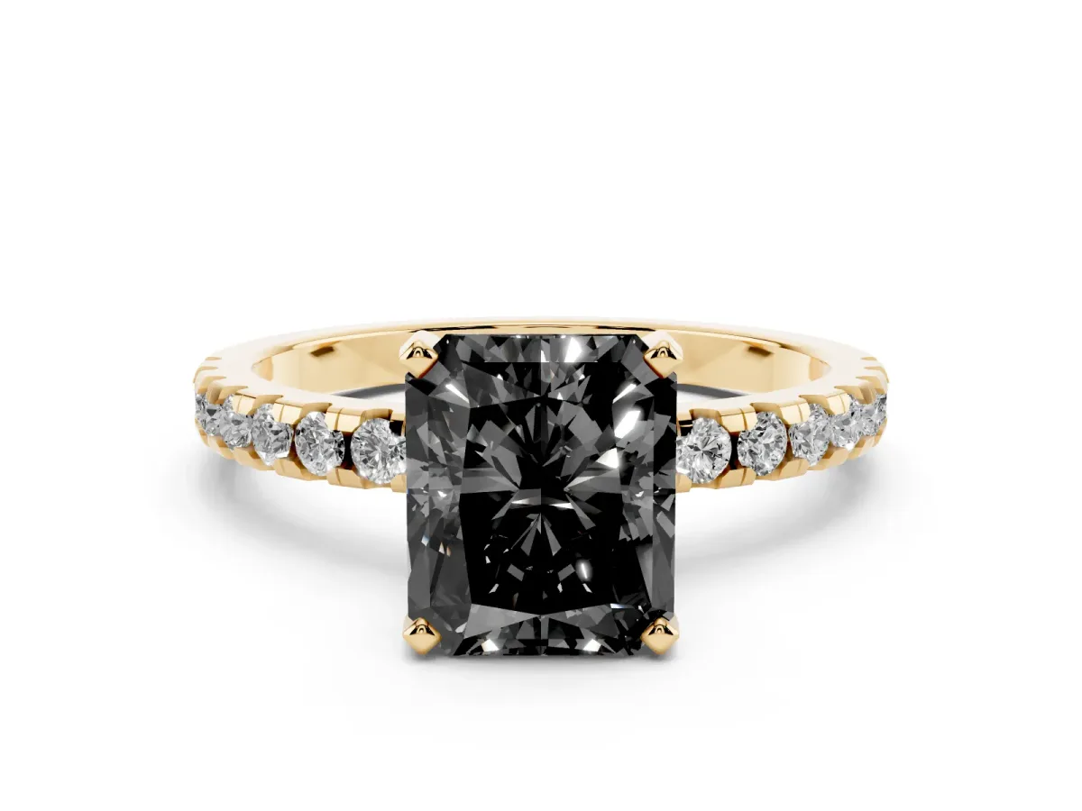 Fancy Black Radiant Cut Diamond Solitaire Ring with Round Pavé Band and Four-Prong Setting Yellow gold