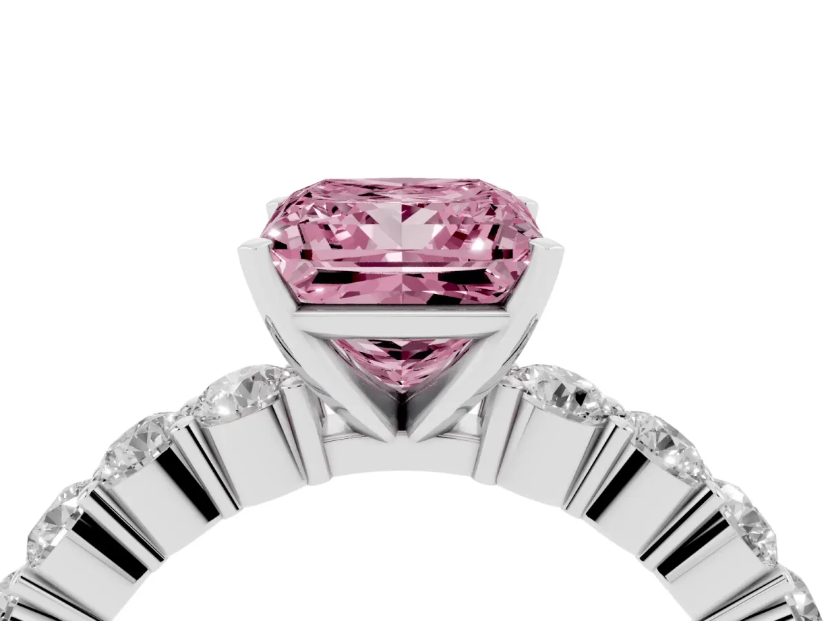 Fancy Pink Princess Cut Diamond Solitaire Ring with Shared Prong Round Side Stones Silver