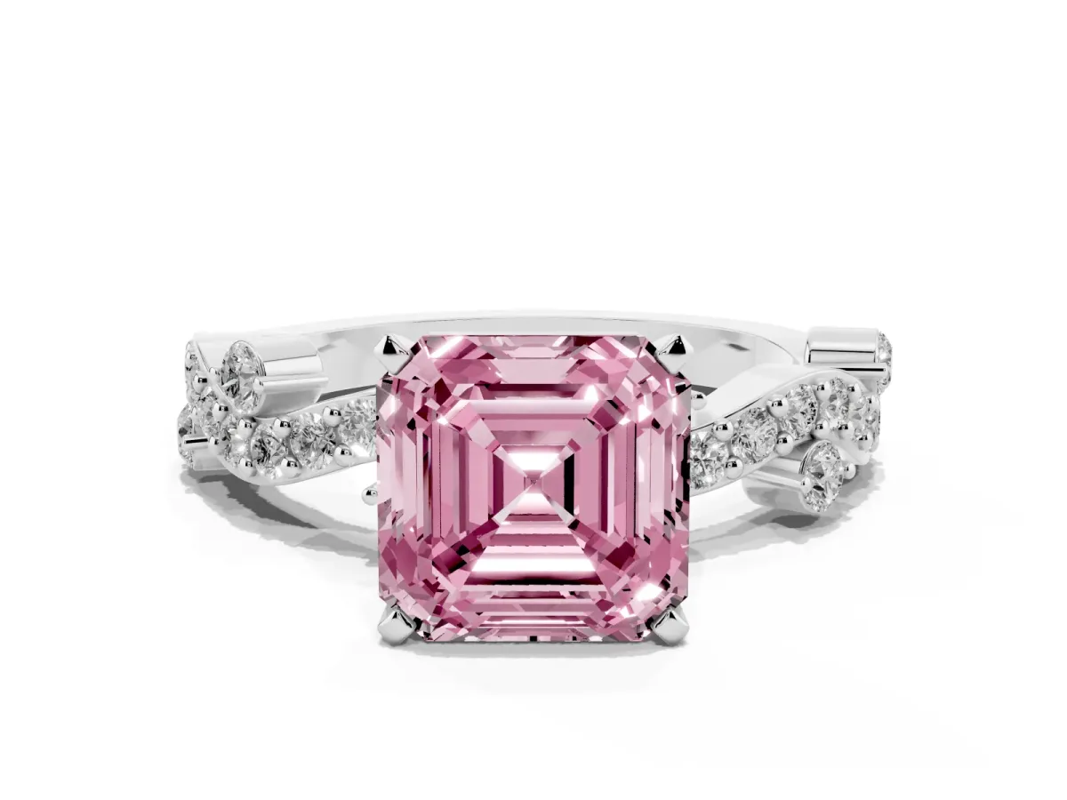 Fancy Pink Asscher Cut Cut Solitaire Diamond Twisted Band with Pave Setting Silver