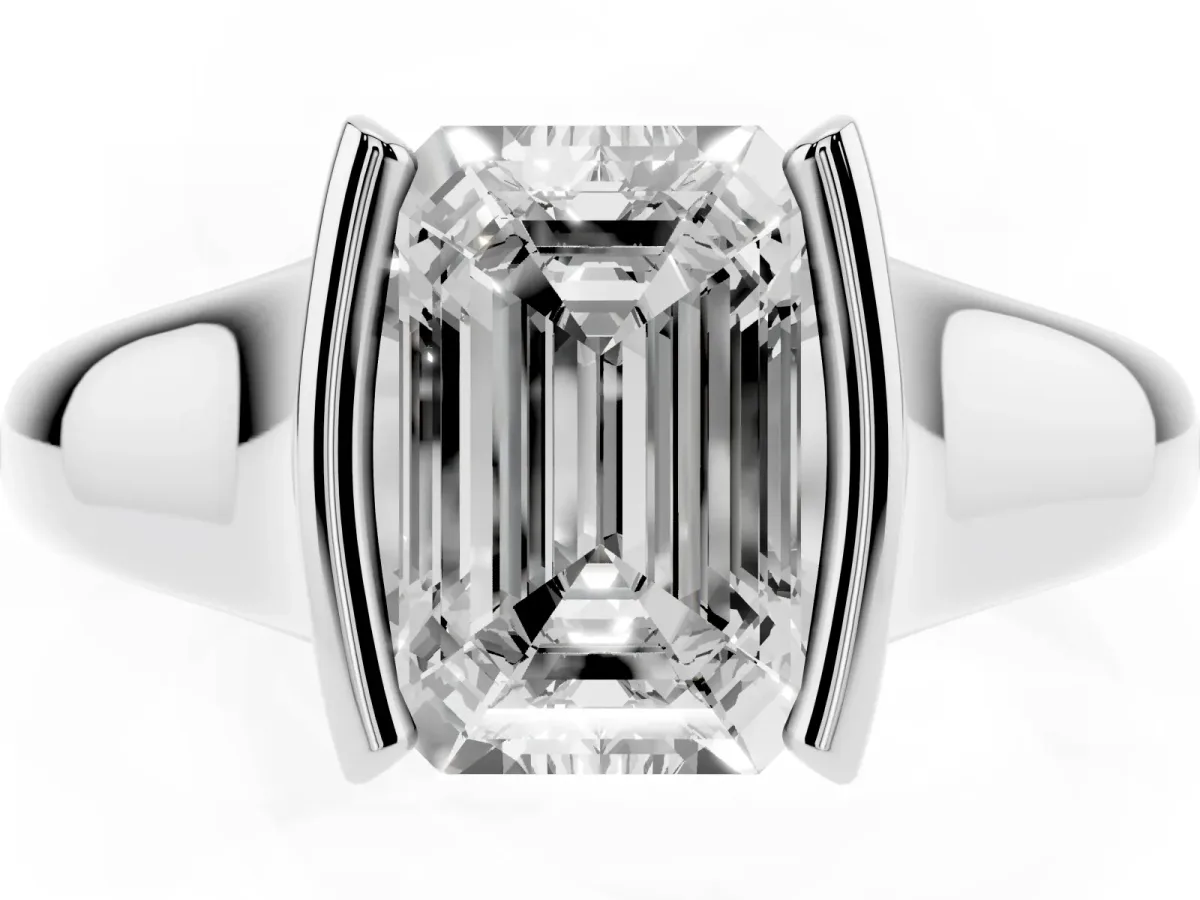 Emerald Cut Solitaire Tension Set Diamond Ring with Split Shank Band Platinum