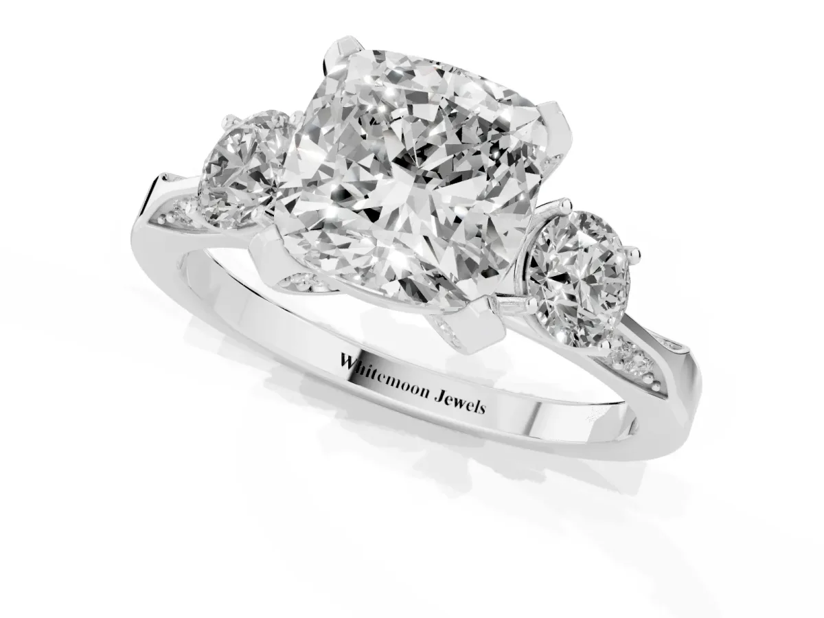 Cushion Cut Brilliant Three-Stone Diamond Ring with Pavé Band and Four-Prong Setting Silver