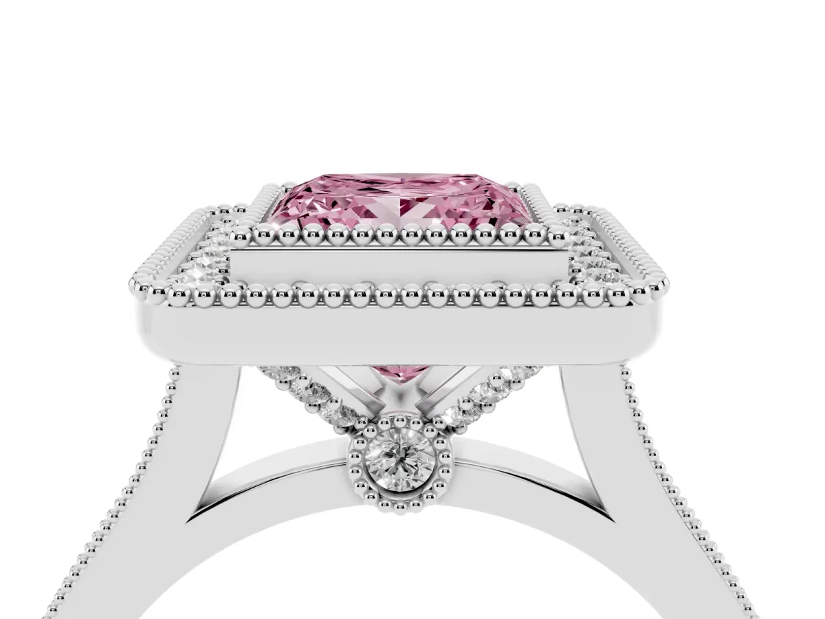 Fancy Pink Princess Cut Diamond Halo Ring with Milgrain Frame and Pavé Band Silver