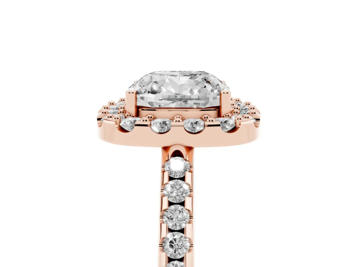 Cushion Cut Diamond Pavé Halo Ring with Four-Prong Setting Rose gold