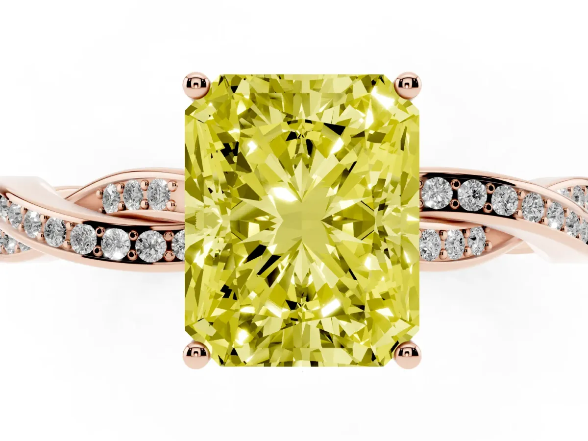 Fancy Yellow Radiant Cut Solitaire Twisted Pave Diamond Ring with Four-Prong Setting Rose gold