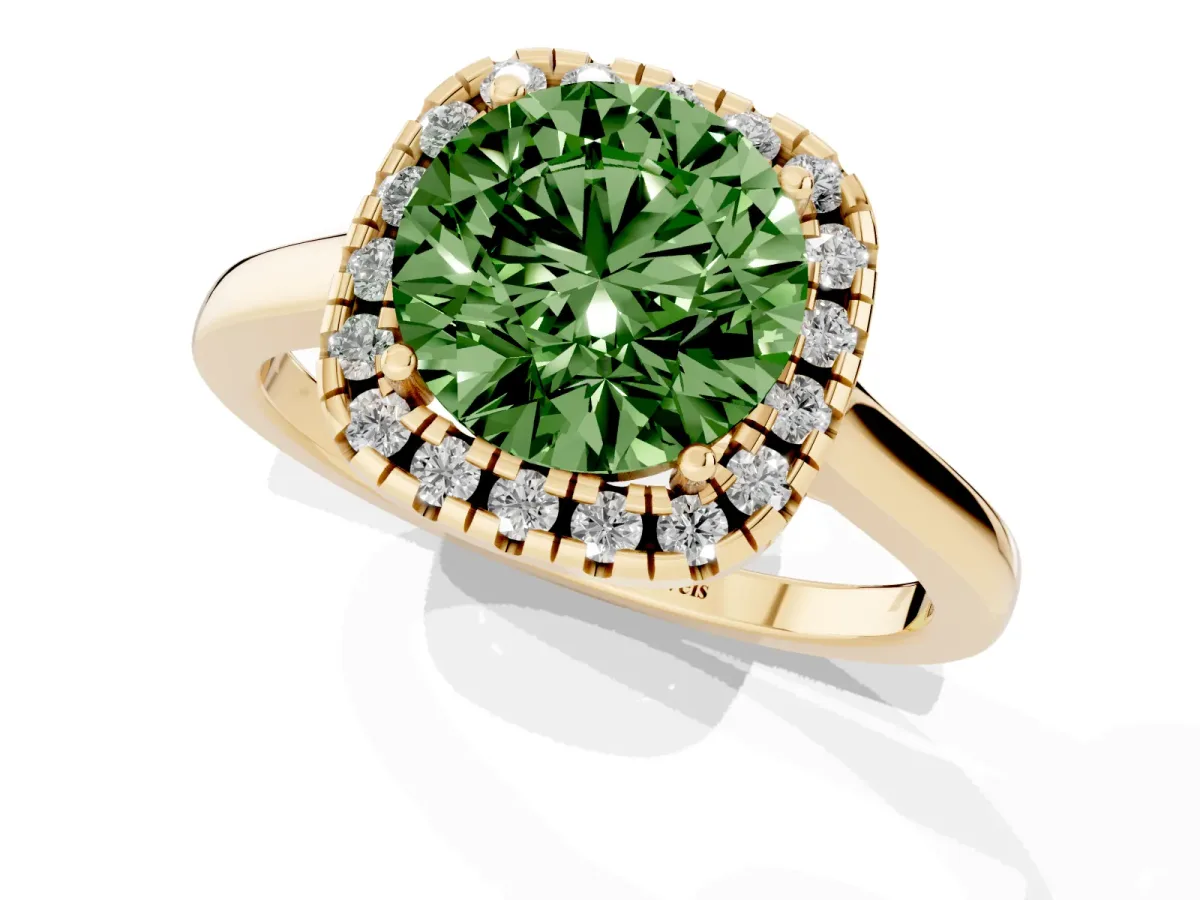 Fancy Green Round Cut Halo Round Diamond Solitaire Ring with Pavé Band and Four-Prong Setting Yellow gold