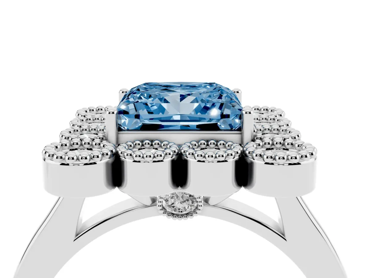 Fancy Blue Princess Cut Halo Diamond Cluster Engagement Ring with Milgrain Bezel Setting and Solitaire Band Silver