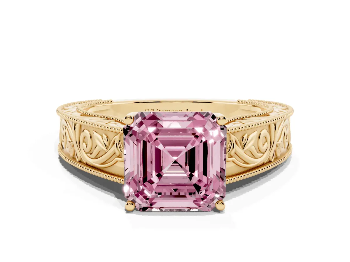 Fancy Pink Asscher Cut Diamond Solitaire Ring with Engraved Band and Four-Prong Setting Yellow gold
