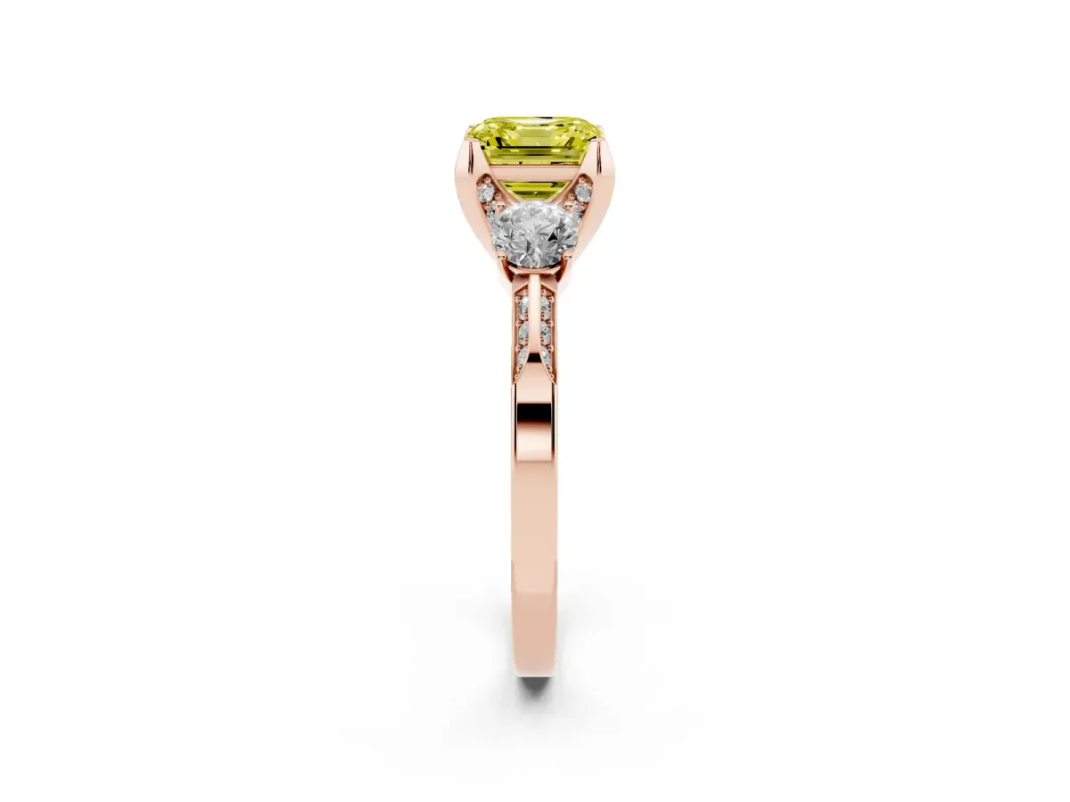 Fancy Yellow Asscher Cut Brilliant Three-Stone Diamond Ring with Pavé Band and Four-Prong Setting Rose gold