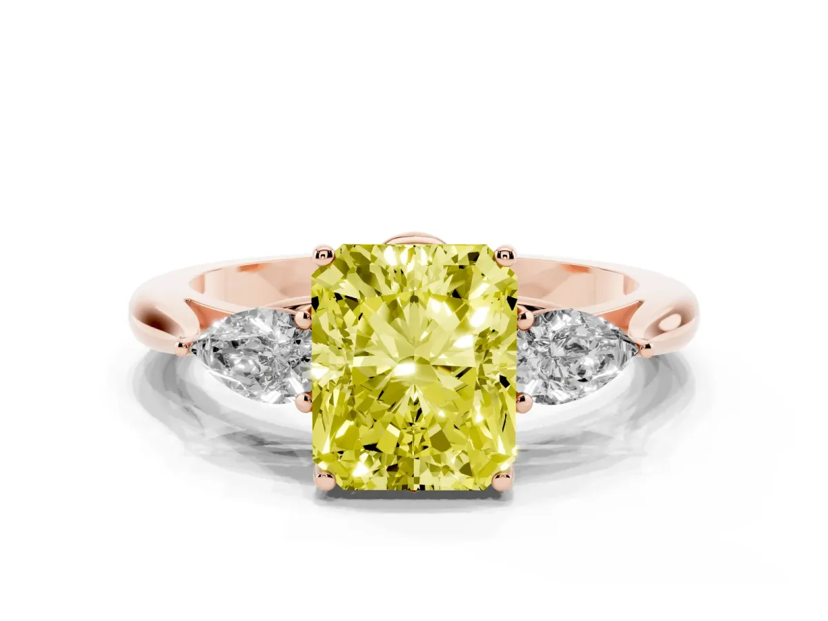 Fancy Yellow Three-Stone Radiant Cut Brilliant Diamond Solitaire Ring with Tapered Band and Four-Prong Setting Rose gold