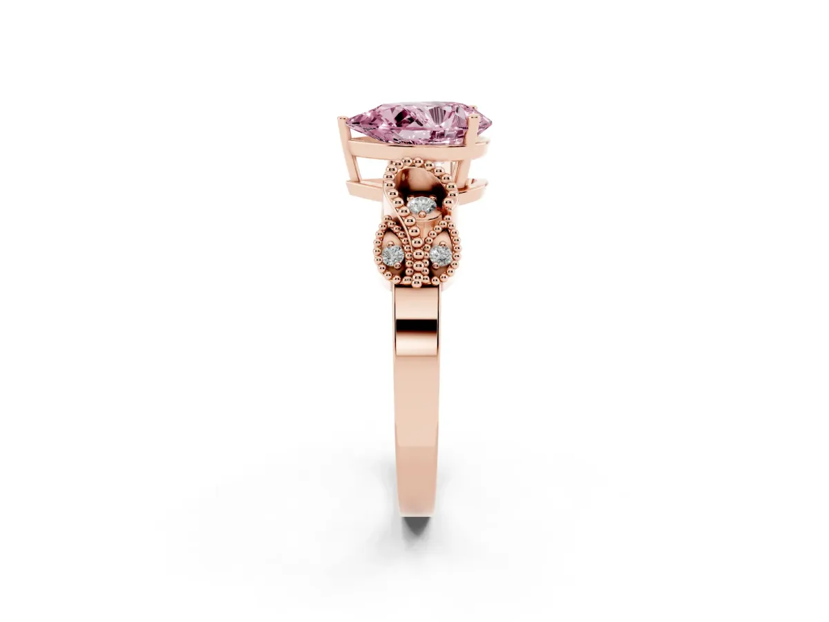 Fancy Pink Pear Cut Solitaire Milgrain Leaf Band with Prong Setting Rose gold