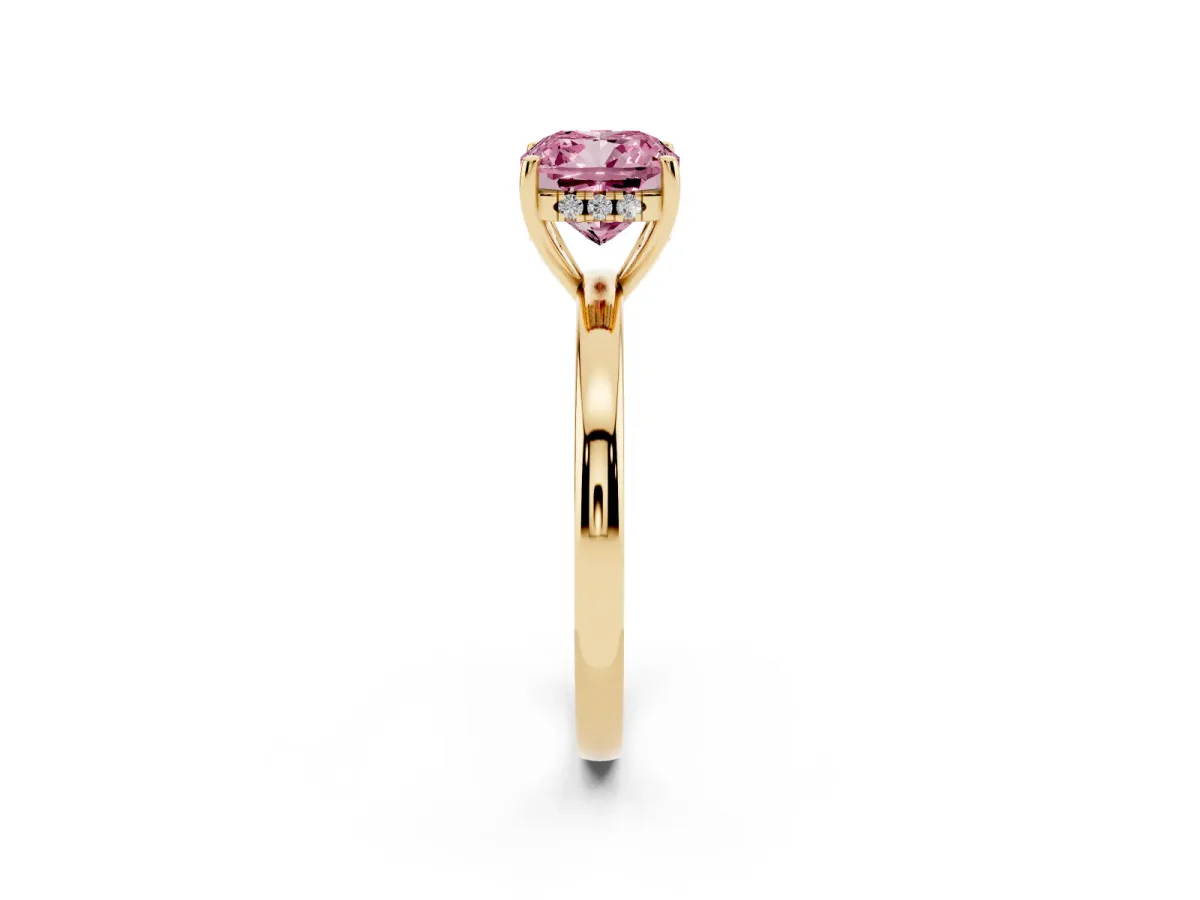 Fancy Pink Cushion Cut Solitaire Diamond Ring with Prong Setting and Plain Band Yellow gold