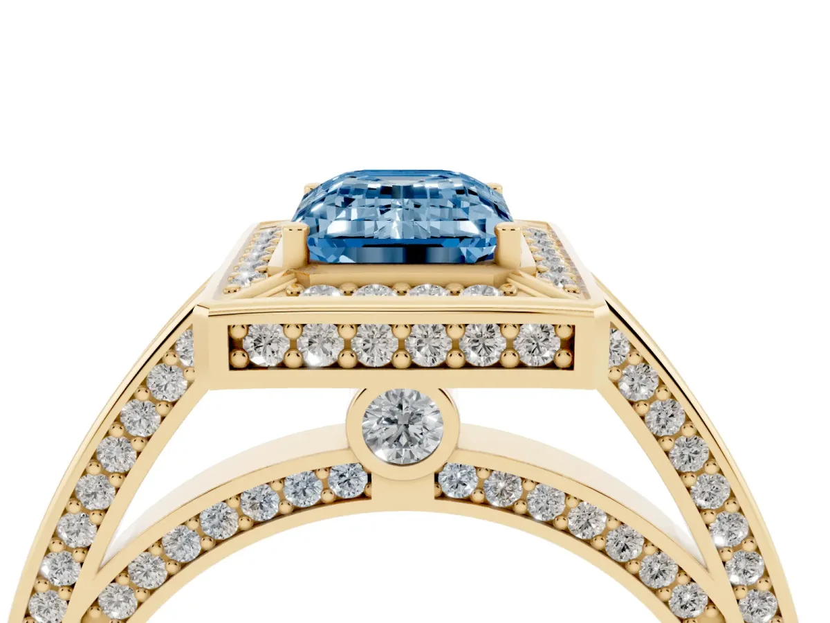 Fancy Blue Emerald Cut Cut Halo Pave Split Shank Prong Setting Ring Yellow gold