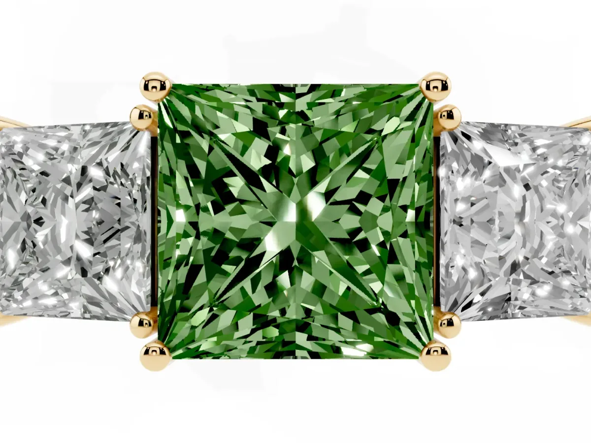 Fancy Green Three-Stone Princess Cut Cut Diamond Engagement Ring with Flat Band and Four-Prong Setting Yellow gold