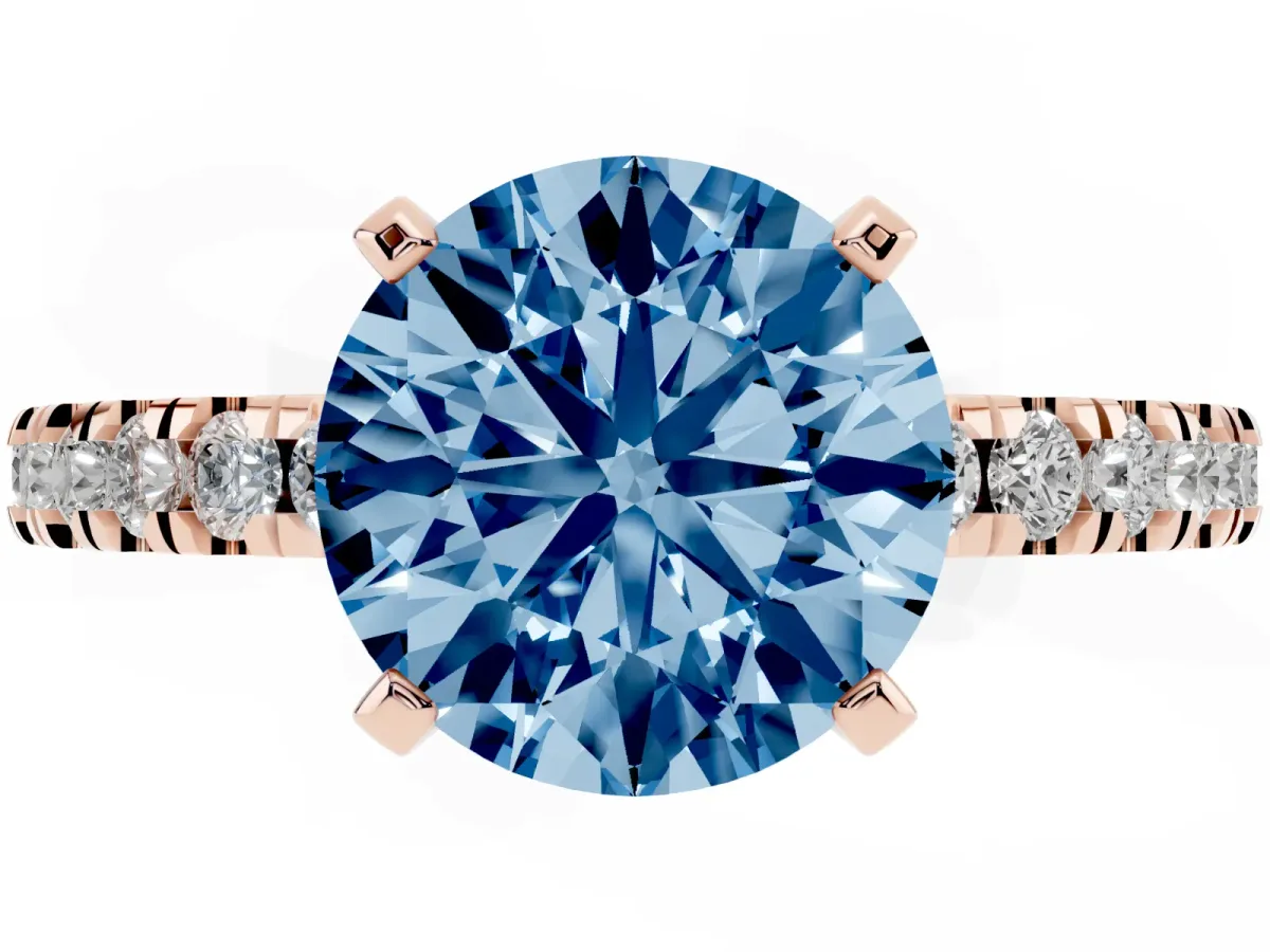 Fancy Blue Round Cut Solitaire Diamond with Pavé Band and Four-Prong Setting Rose gold