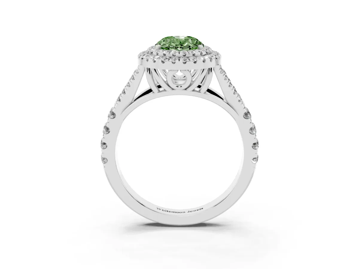 Fancy Green Oval Cut Diamond Pavé Split Shank Double Halo Engagement Ring Silver