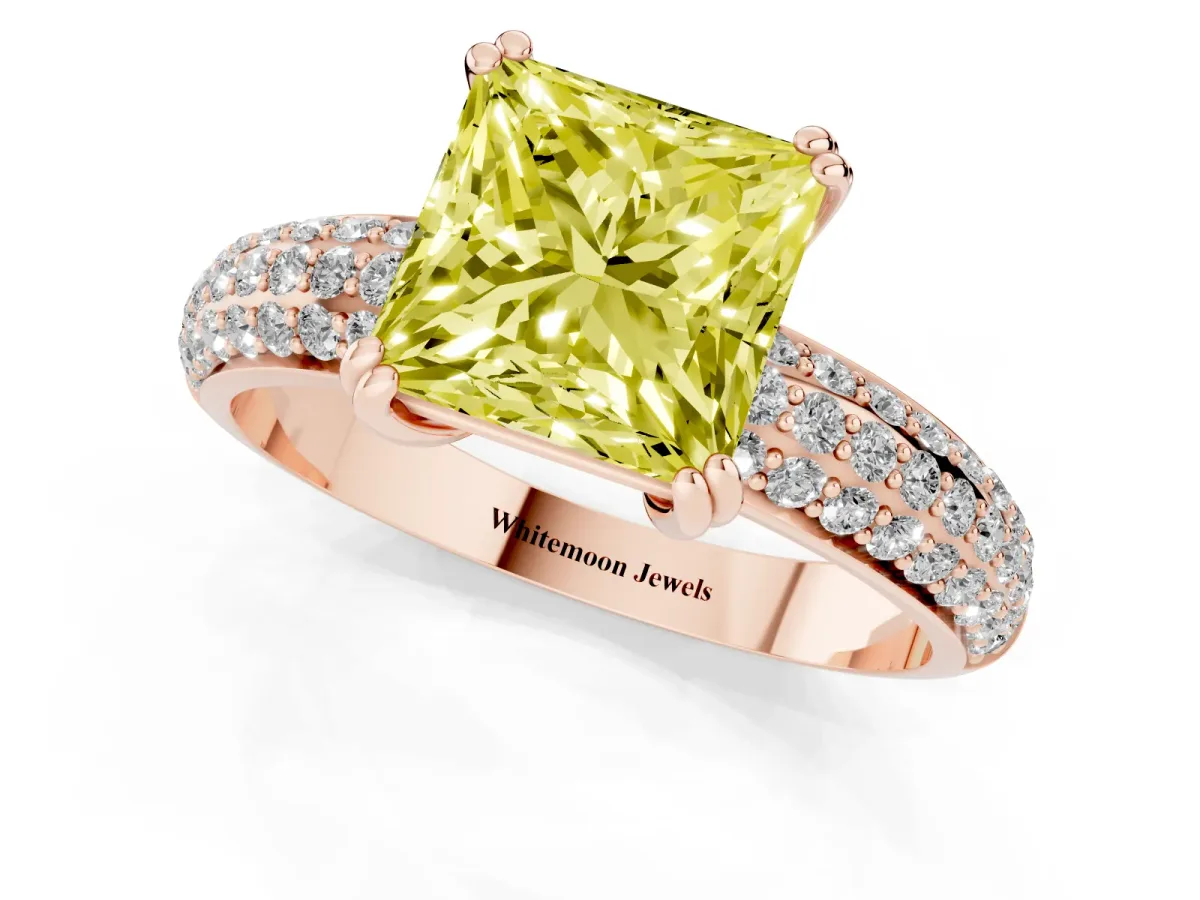 Fancy Yellow Princess Cut Diamond Solitaire Ring with Multi-Row Round Pavé Band and Prong Setting Rose gold