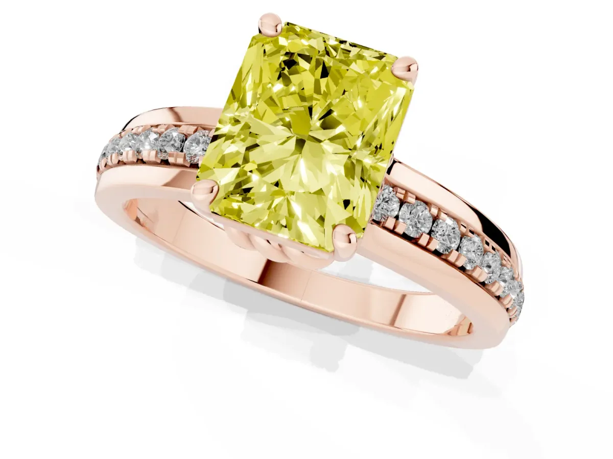Fancy Yellow Radiant Cut Solitaire Diamond Ring with Channel Set Band and Six-Prong Setting Rose gold