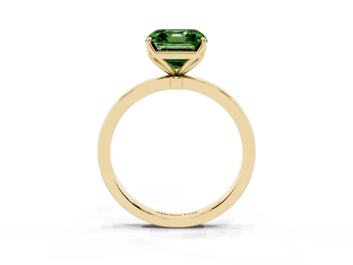 Fancy Green Asscher Cut Diamond Solitaire Ring with Thin Band and Prong Setting Yellow gold