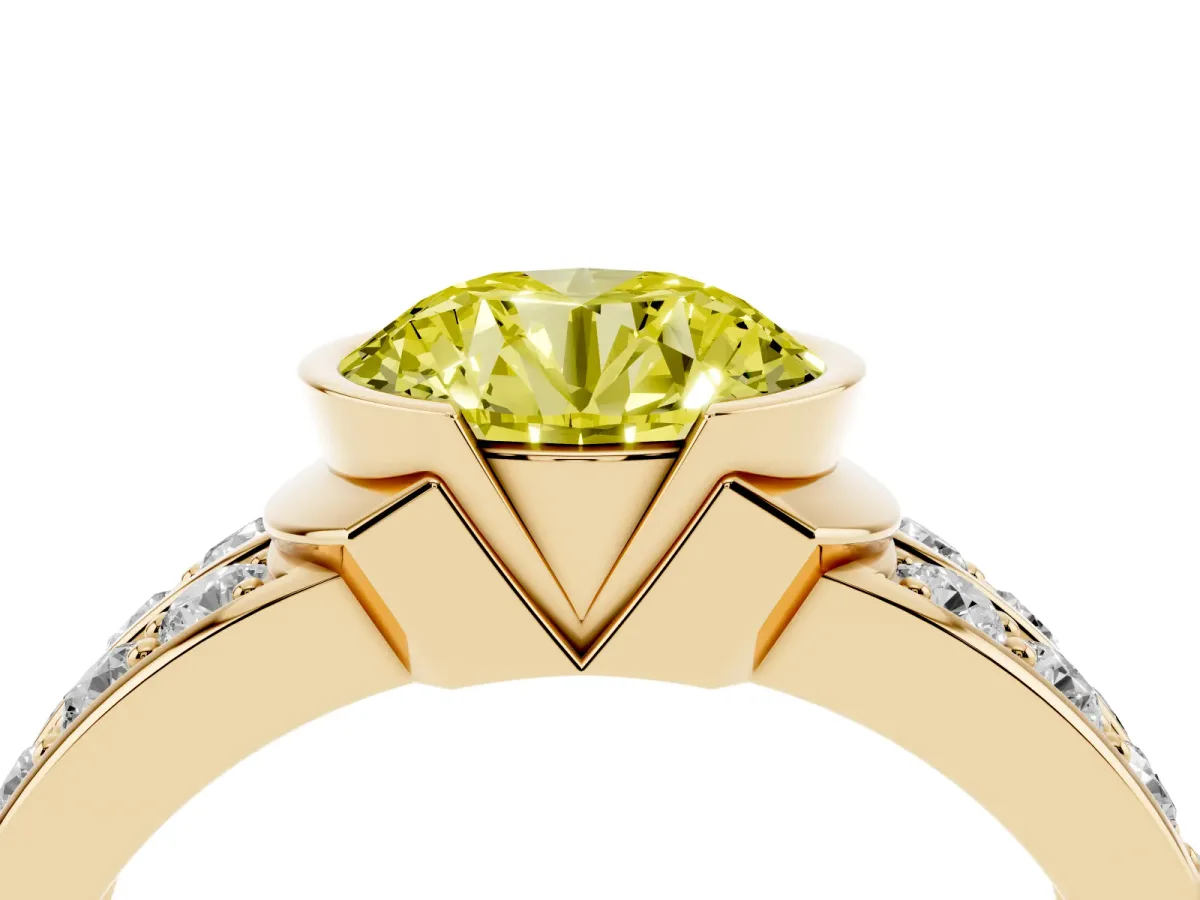 Fancy Yellow Round Cut Brilliant Diamond Channel Set Wide Band Ring with Bezel Setting Yellow gold